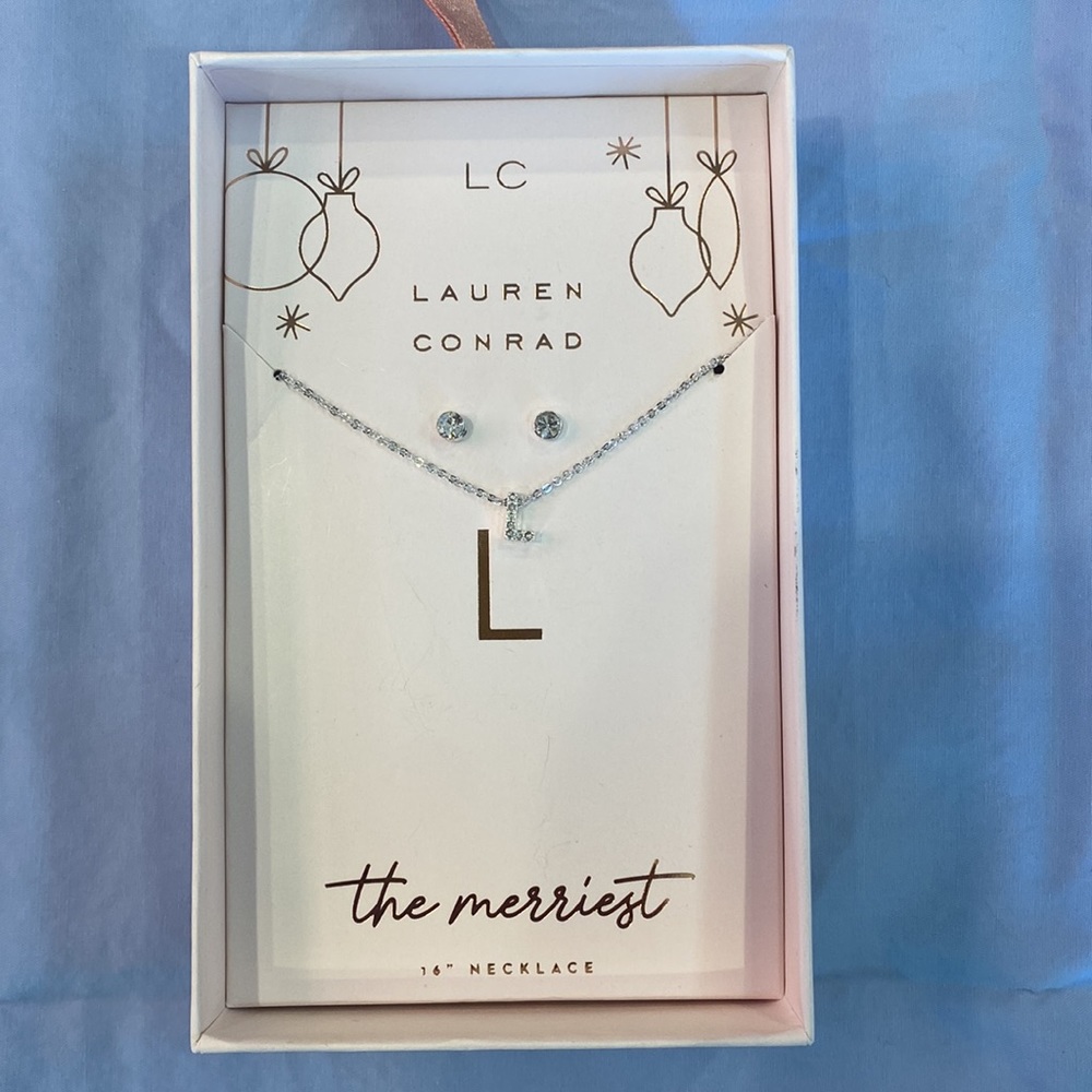 Lauren Conrad necklace/earrings set-letter L. 16” necklace. New in box.  Silver.
